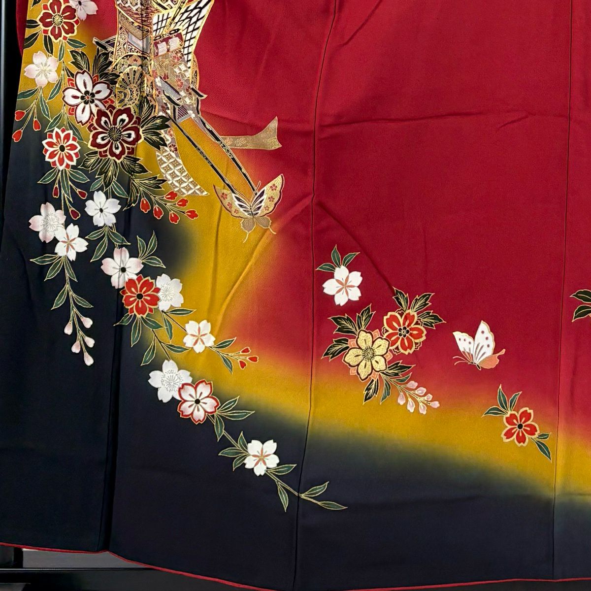 振袖禮服 身長158cm 袖長66cm M 雙層 御所車 櫻花 金絲 金銀彩 紅 純蠶絲 秀品級