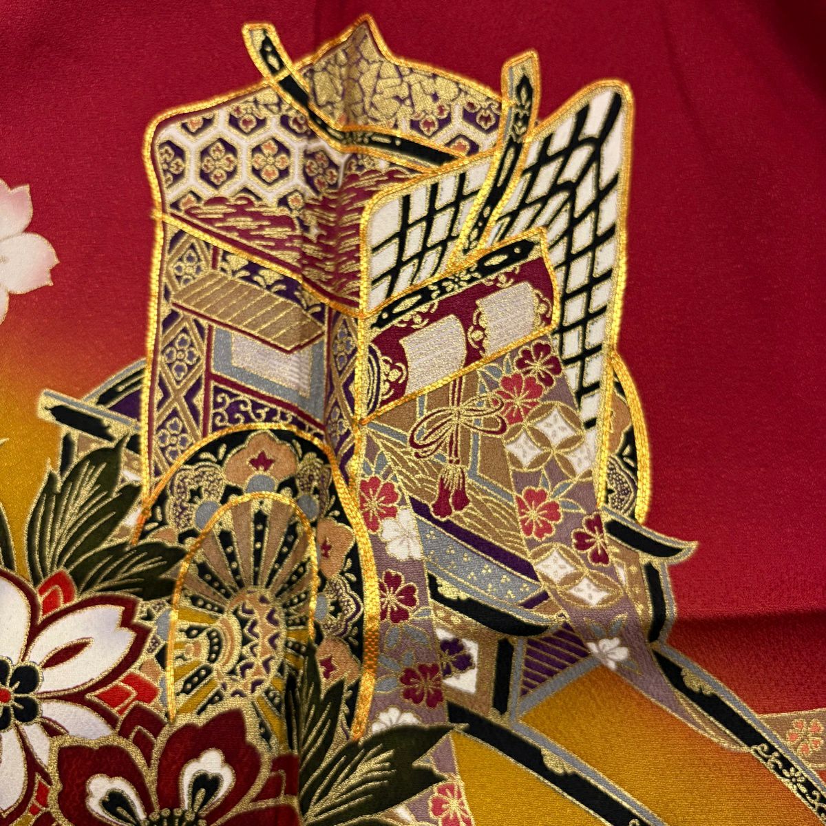 振袖禮服 身長158cm 袖長66cm M 雙層 御所車 櫻花 金絲 金銀彩 紅 純蠶絲 秀品級