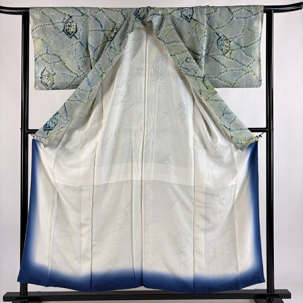小紋 身長155cm 袖長63cm S 雙層 龜甲 花 總絞染 漸層 淺綠 純蠶絲 優品級