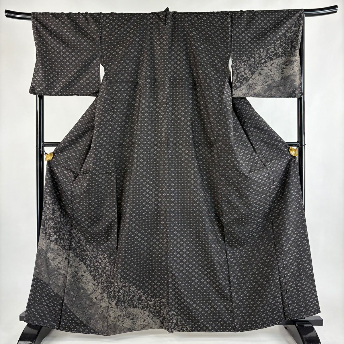 【美品】 付下 身長163cm 袖長70cm L 雙層 紬織織 草花紋紋 波 墨色 純蠶絲 秀品級