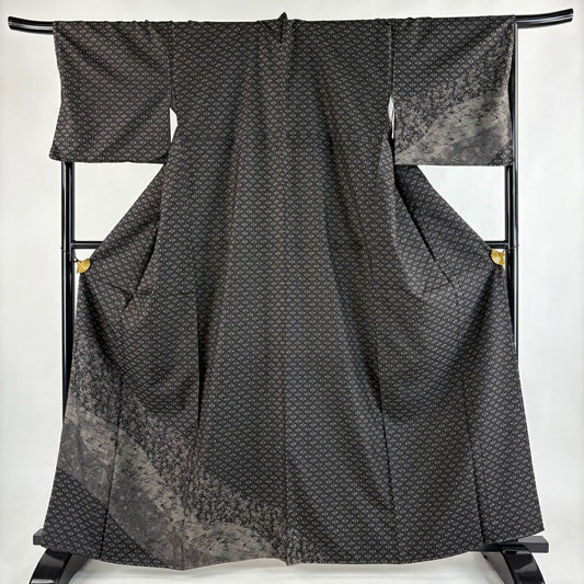 【美品】 付下 身長163cm 袖長70cm L 雙層 紬織織 草花紋紋 波 墨色 純蠶絲 秀品級