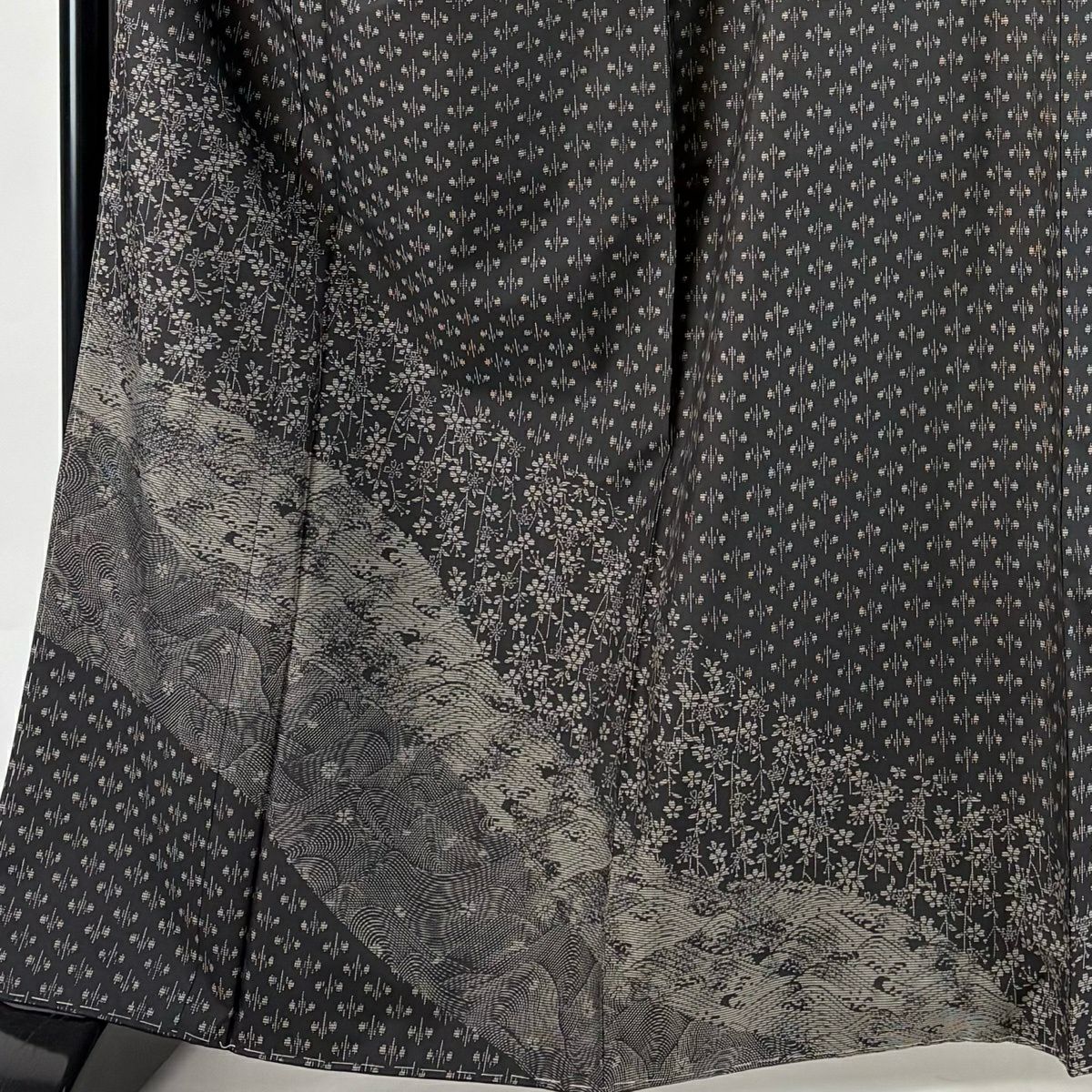 【美品】 付下 身長163cm 袖長70cm L 雙層 紬織織 草花紋紋 波 墨色 純蠶絲 秀品級