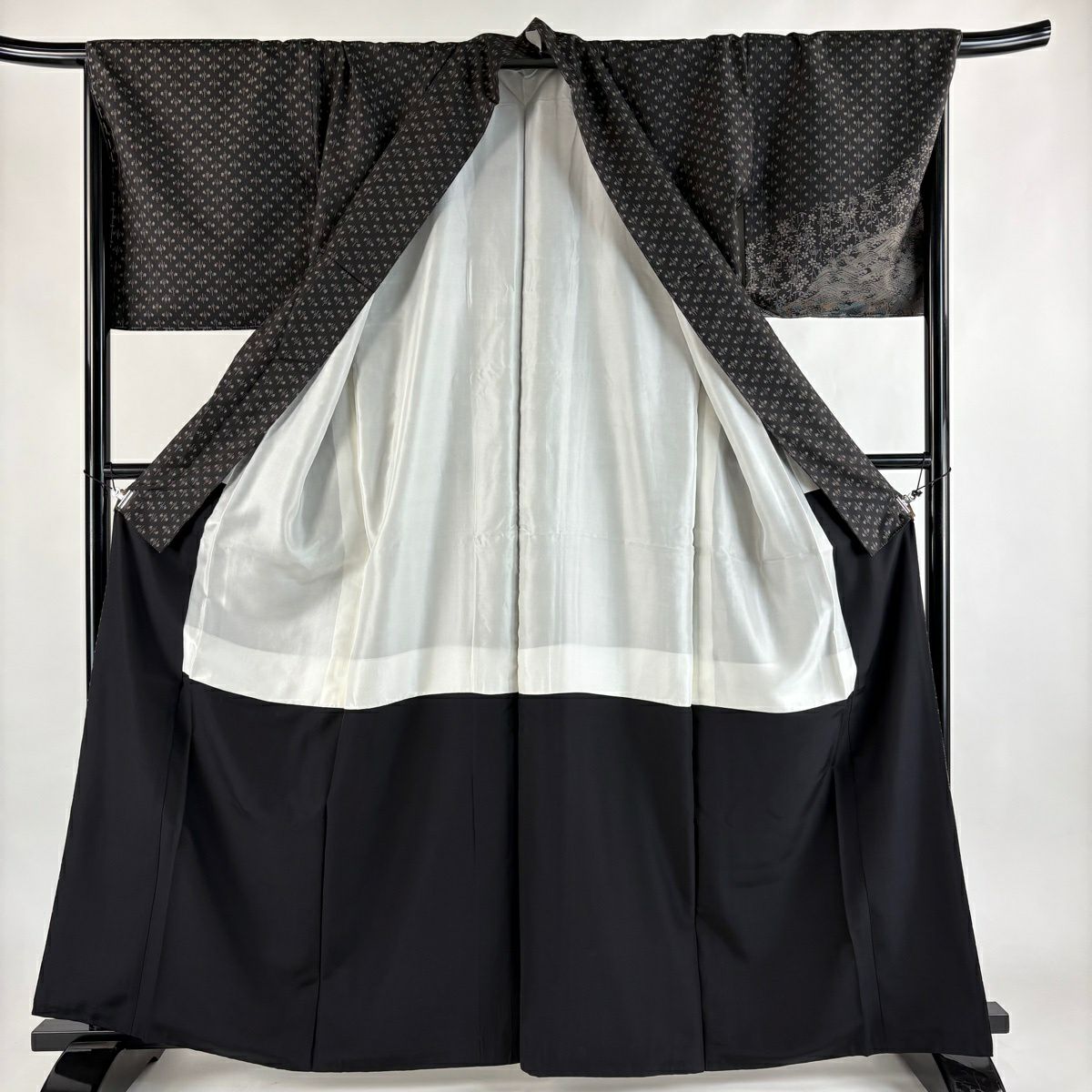 【美品】 付下 身長163cm 袖長70cm L 雙層 紬織織 草花紋紋 波 墨色 純蠶絲 秀品級