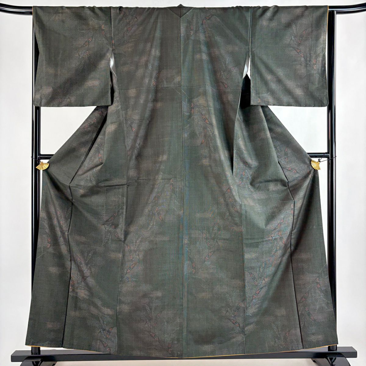 【美品】 紬織 身長159cm 袖長65.5cm M 雙層 草花紋 葉柄 深綠 純蠶絲 秀品級