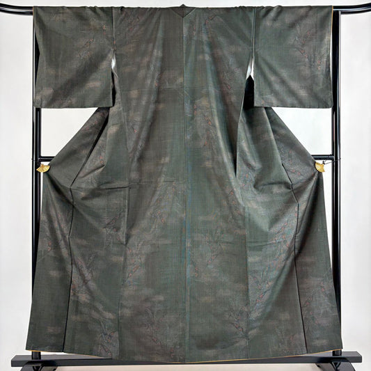 【美品】 紬織 身長159cm 袖長65.5cm M 雙層 草花紋 葉柄 深綠 純蠶絲 秀品級