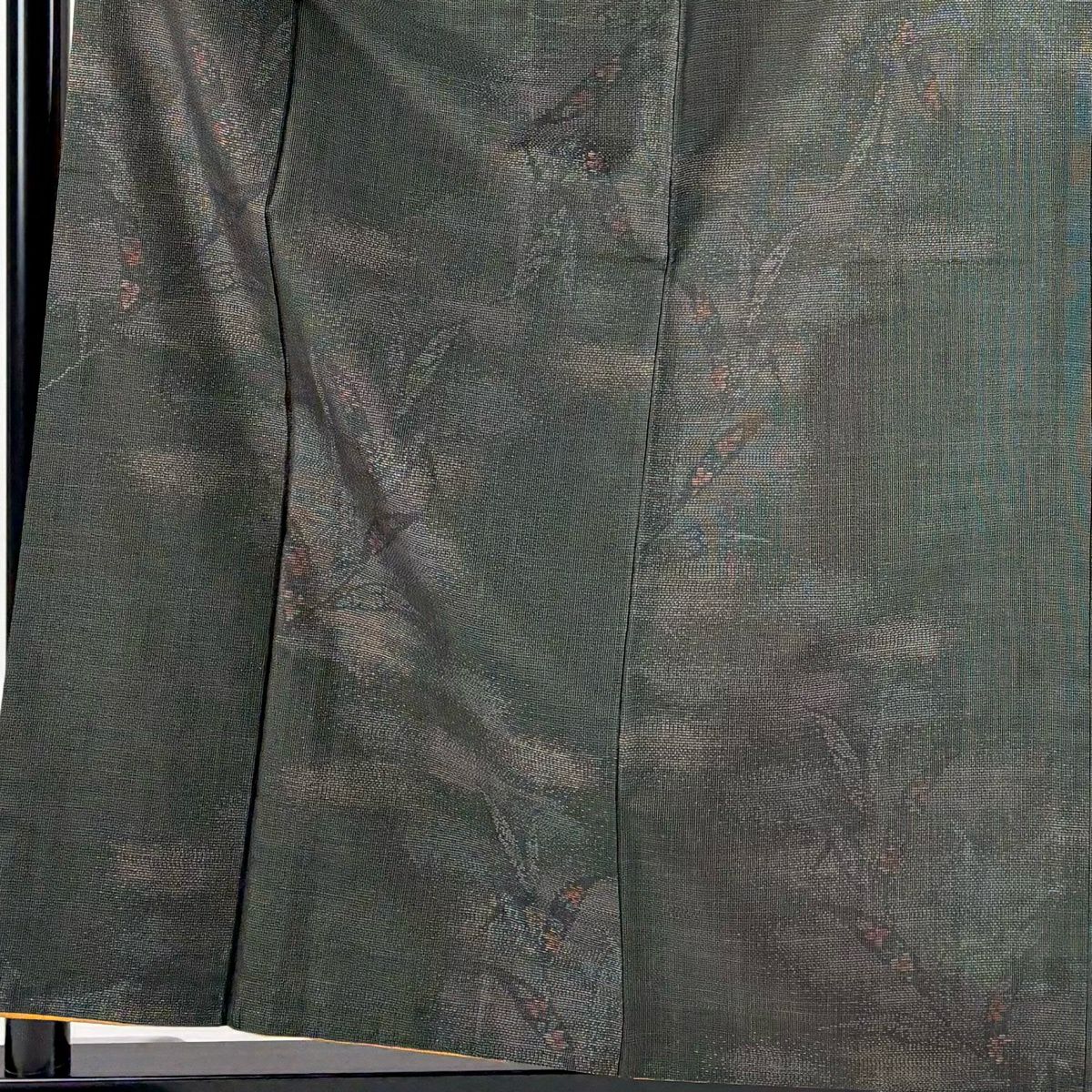 【美品】 紬織 身長159cm 袖長65.5cm M 雙層 草花紋 葉柄 深綠 純蠶絲 秀品級