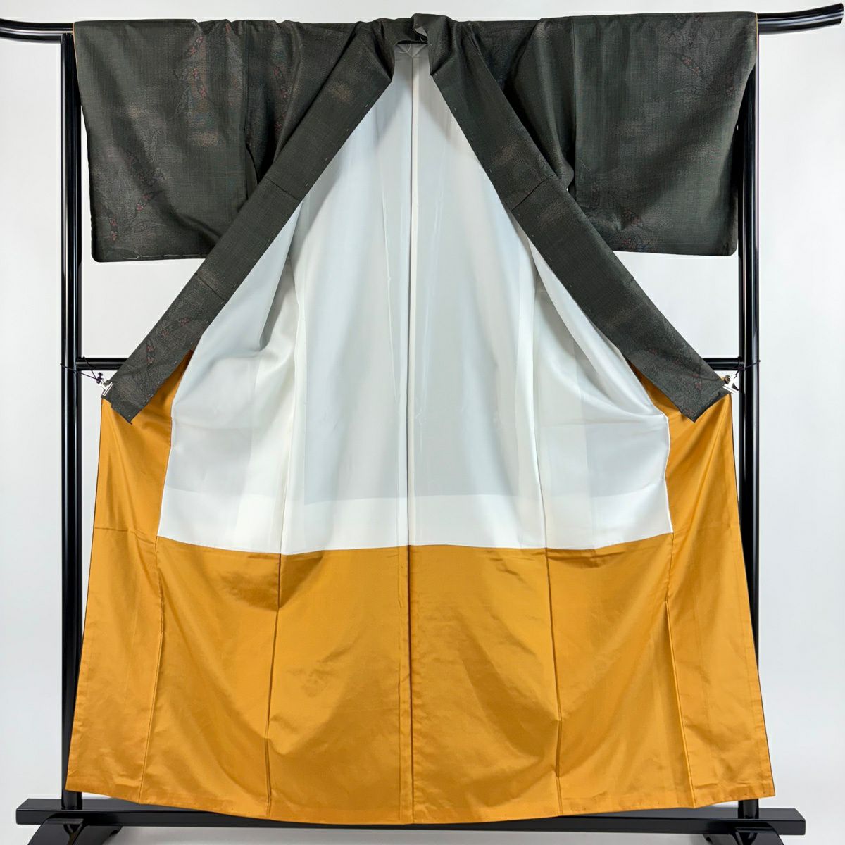 【美品】 紬織 身長159cm 袖長65.5cm M 雙層 草花紋 葉柄 深綠 純蠶絲 秀品級