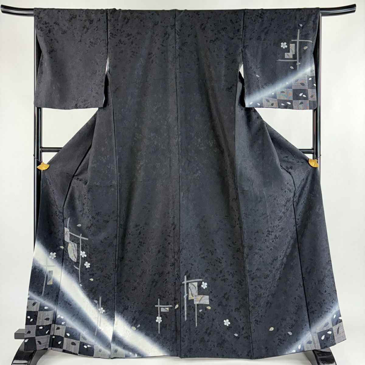 【美品】 付下 身長166cm 袖長66.5cm M 雙層 櫻花花瓣 漸層 黑 純蠶絲 優品級