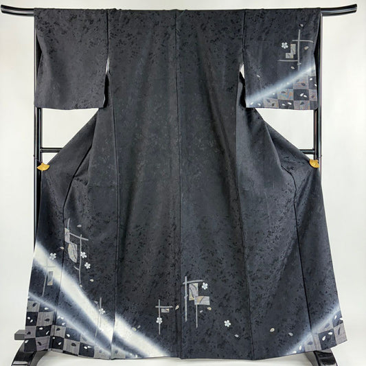 【美品】 付下 身長166cm 袖長66.5cm M 雙層 櫻花花瓣 漸層 黑 純蠶絲 優品級