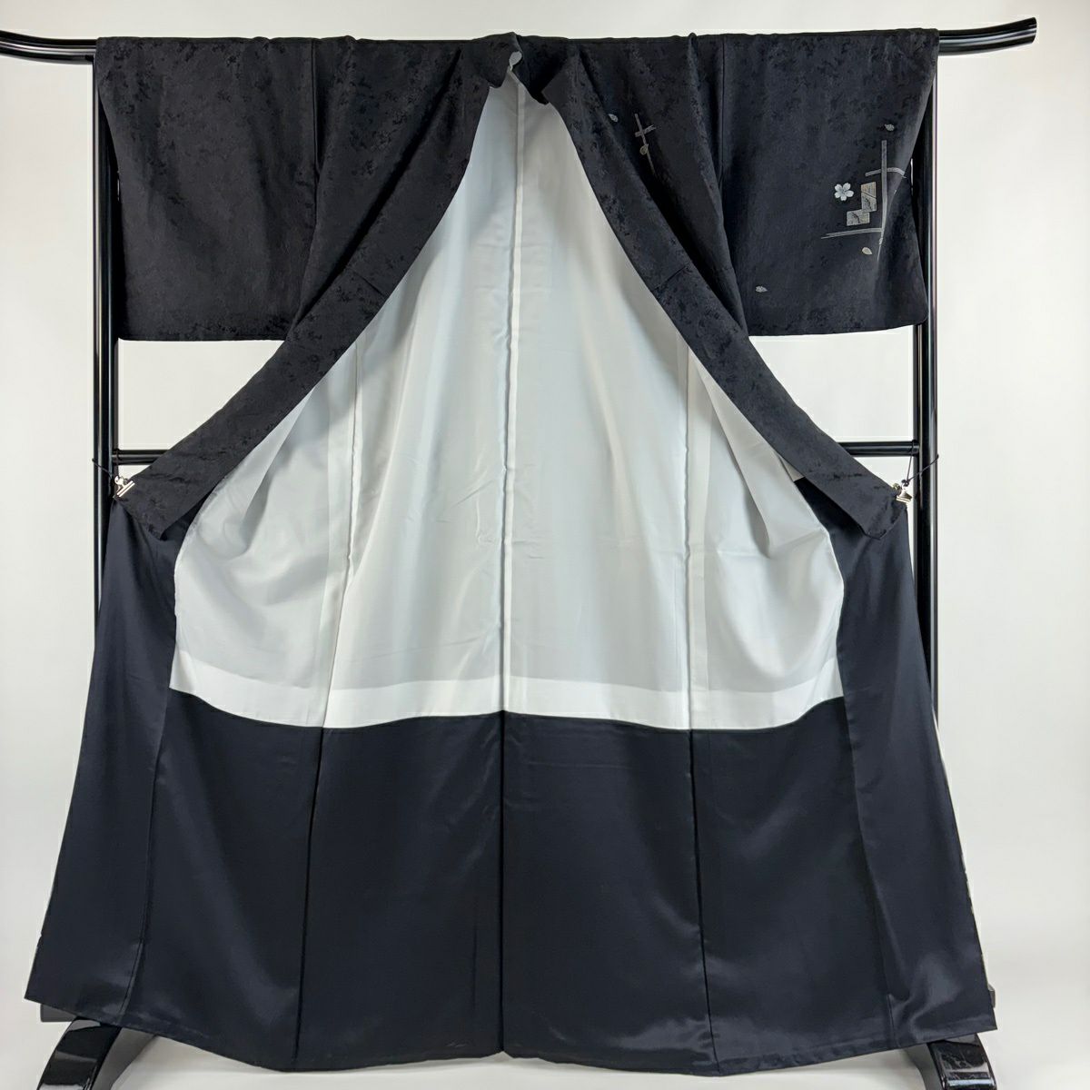 【美品】 付下 身長166cm 袖長66.5cm M 雙層 櫻花花瓣 漸層 黑 純蠶絲 優品級