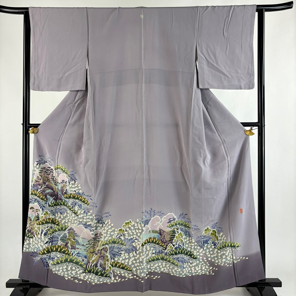 色留袖禮服 身長161cm 袖長63.5cm S 雙層 落款あり 風景 草花紋紋 染分 薄紫 純蠶絲 秀品級 一つ紋