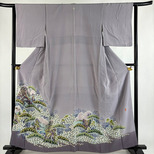 色留袖禮服 身長161cm 袖長63.5cm S 雙層 落款あり 風景 草花紋紋 染分 薄紫 純蠶絲 秀品級 一つ紋