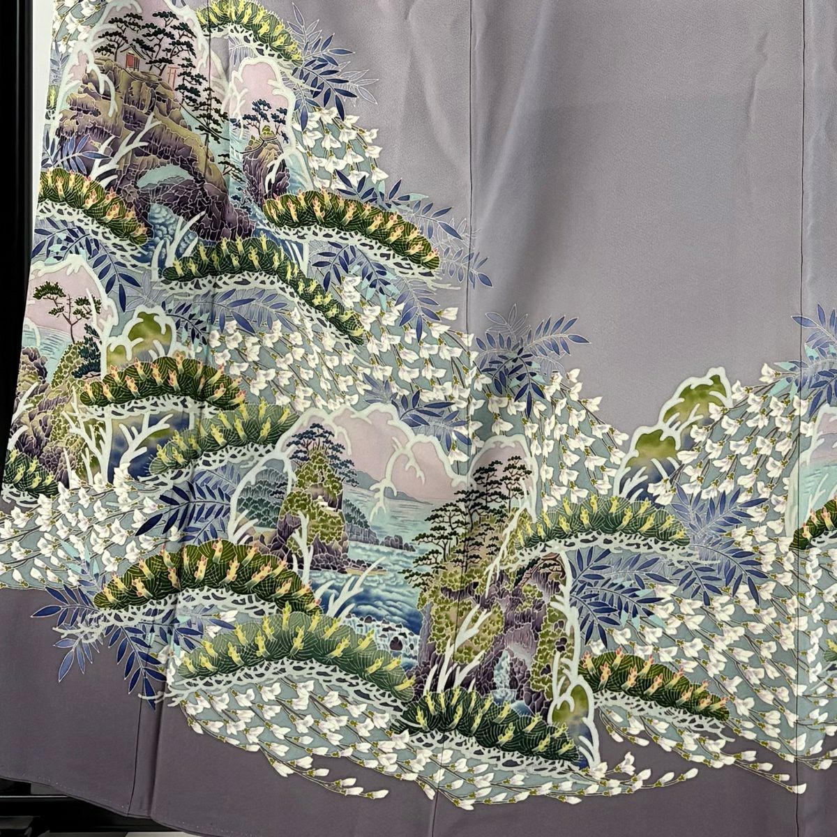 色留袖禮服 身長161cm 袖長63.5cm S 雙層 落款あり 風景 草花紋紋 染分 薄紫 純蠶絲 秀品級 一つ紋