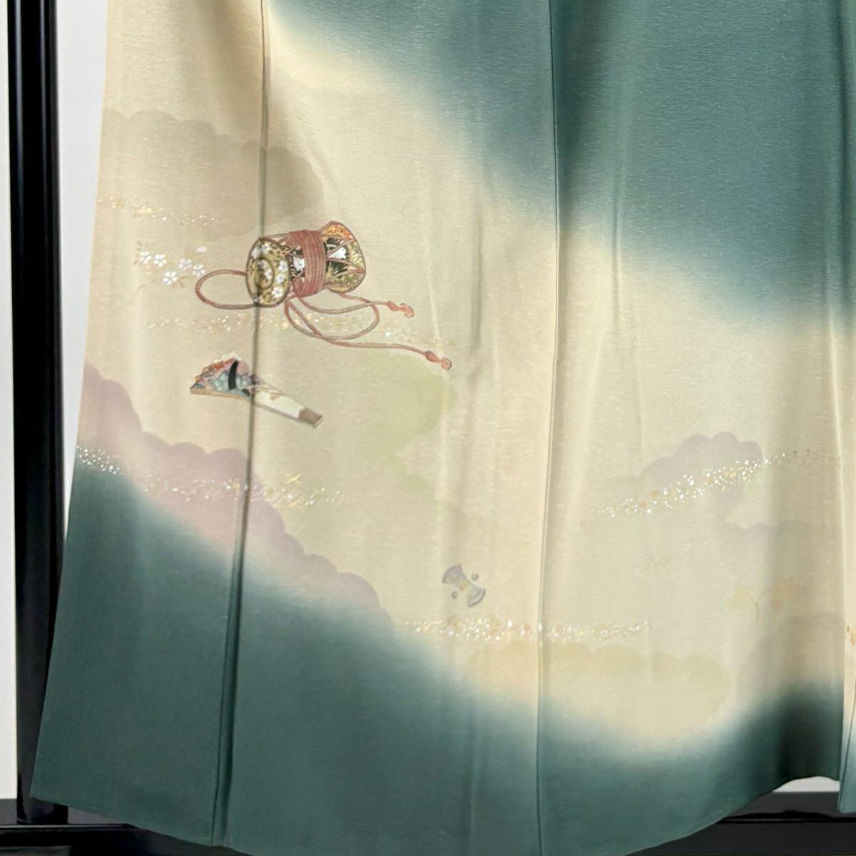 付下 身長158.5cm 袖長66cm M 雙層 鼓 雲紋 金銀彩 漸層 灰綠 純蠶絲 秀品級 一個紋