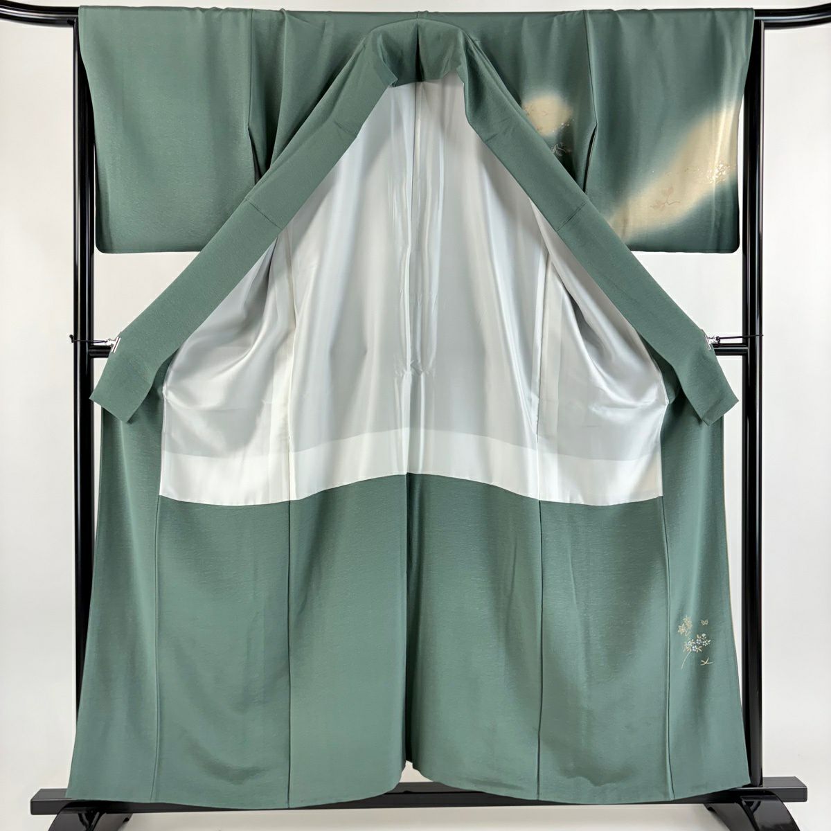 付下 身長158.5cm 袖長66cm M 雙層 鼓 雲紋 金銀彩 漸層 灰綠 純蠶絲 秀品級 一個紋