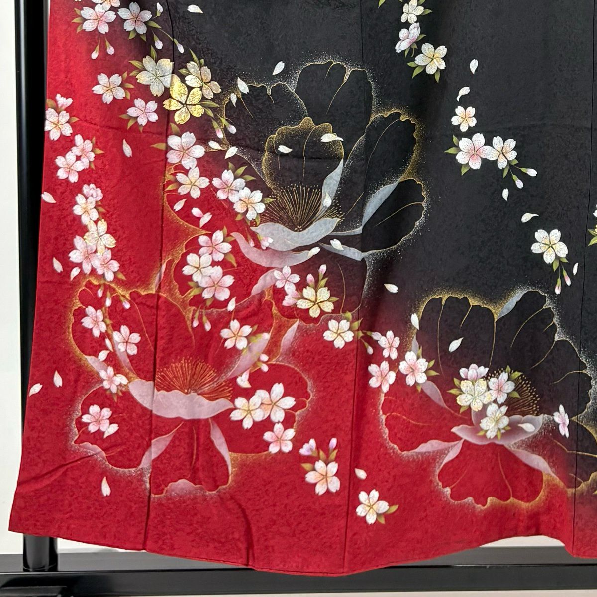 振袖禮服 身長158cm 袖長63cm S 雙層櫻 地紋 金銀彩 染分 黑 純蠶絲 秀品級