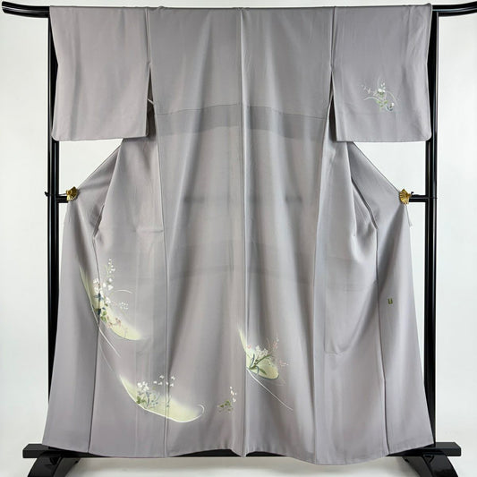 付下 身長158.5cm 袖長66cm M 雙層 落款 草花紋紋 漸層 灰紫 純蠶絲 優品級