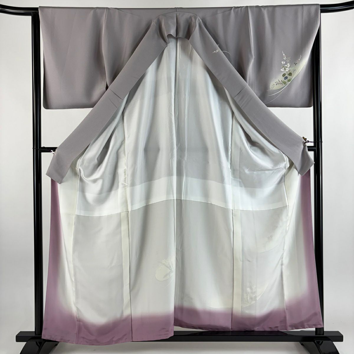 付下 身長158.5cm 袖長66cm M 雙層 落款 草花紋紋 漸層 灰紫 純蠶絲 優品級