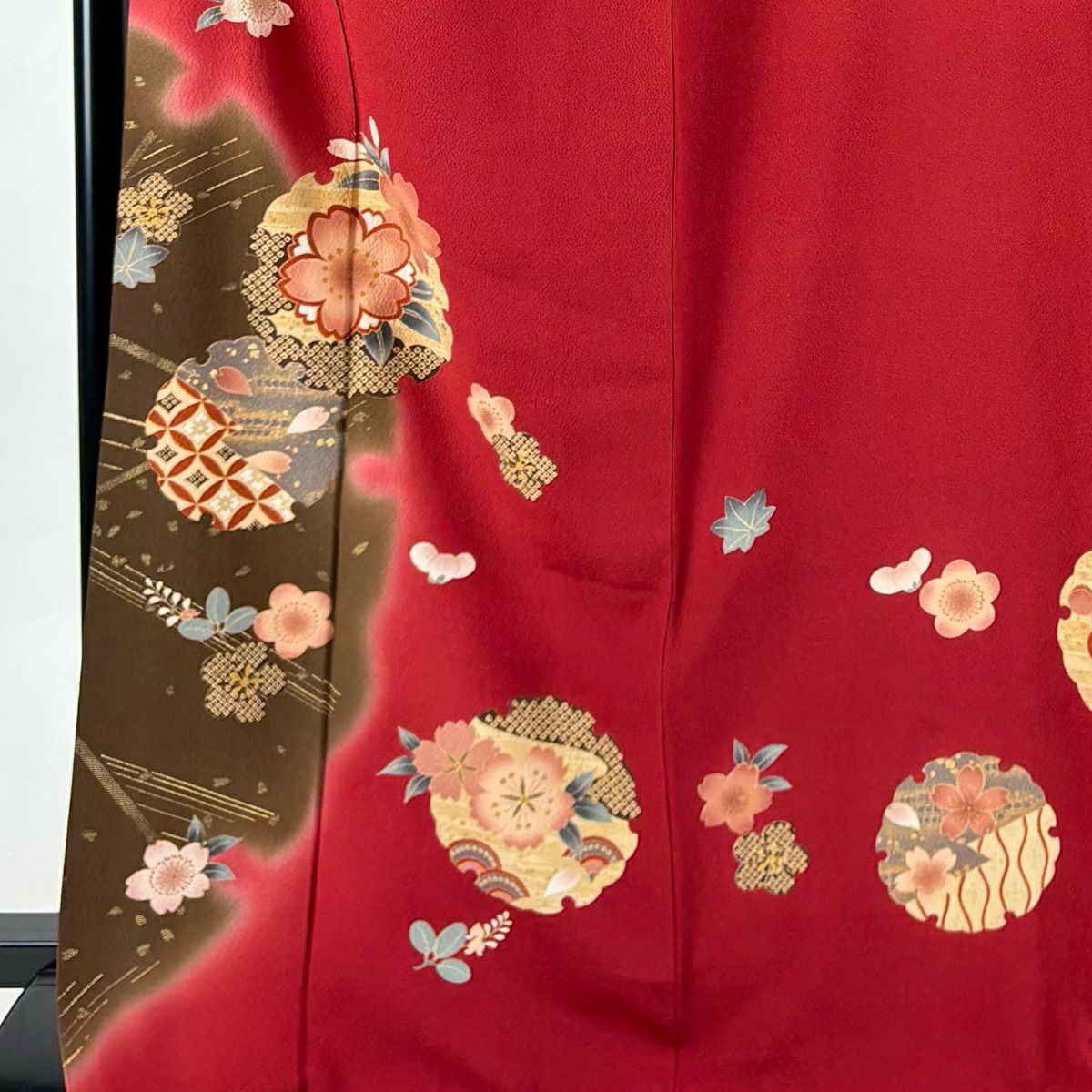 振袖禮服 身長169cm 袖長65.5cm M 雙層 二尺袖 雪輪 櫻花 金銀彩 漸層 紅 純蠶絲 優品級