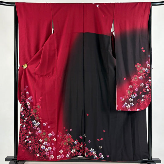 振袖禮服 身長158cm 袖長65.5cm M 雙層 樱花花瓣 金彩裝飾 漸層 深紅色 純蠶絲 優品級
