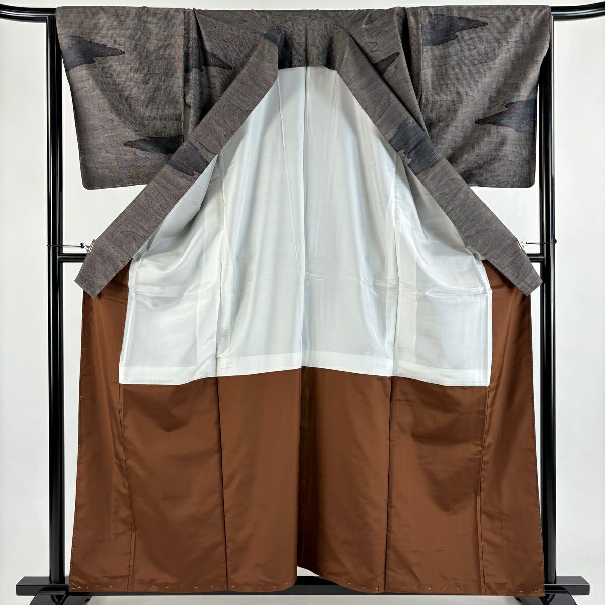 【美品】 紬織 身長161.5cm 袖長67cm M 雙層 霞 焦茶 純蠶絲 秀品級