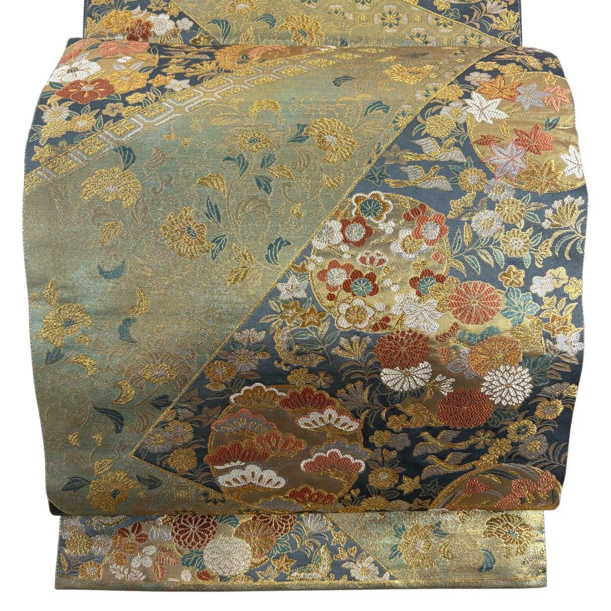 【美品】 袋帶 秀品級 彫金 關西仕立 裂取花丸盡し 金絲 金金箔 青灰 深藍色 六通 純蠶絲