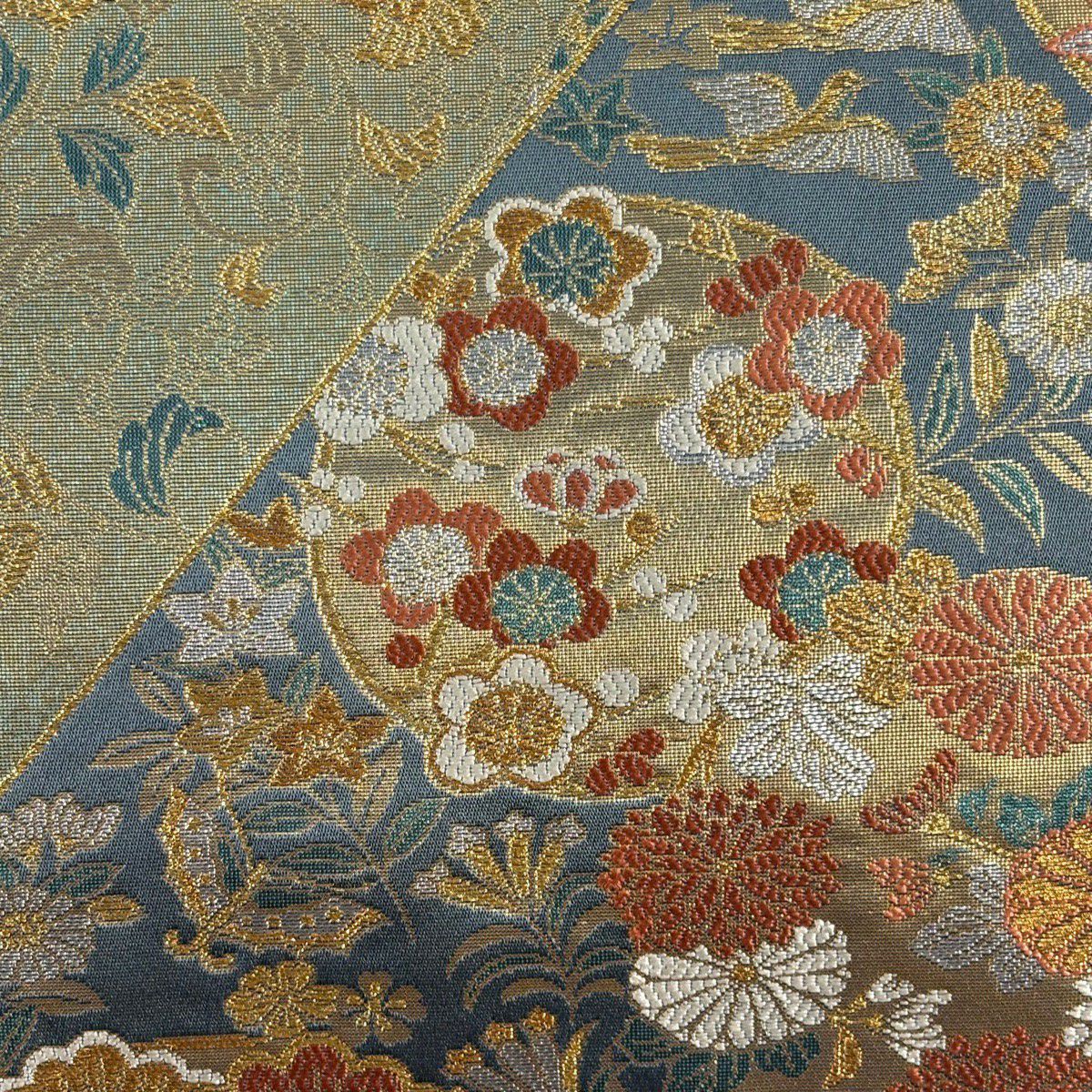 【美品】 袋帶 秀品級 彫金 關西仕立 裂取花丸盡し 金絲 金金箔 青灰 深藍色 六通 純蠶絲