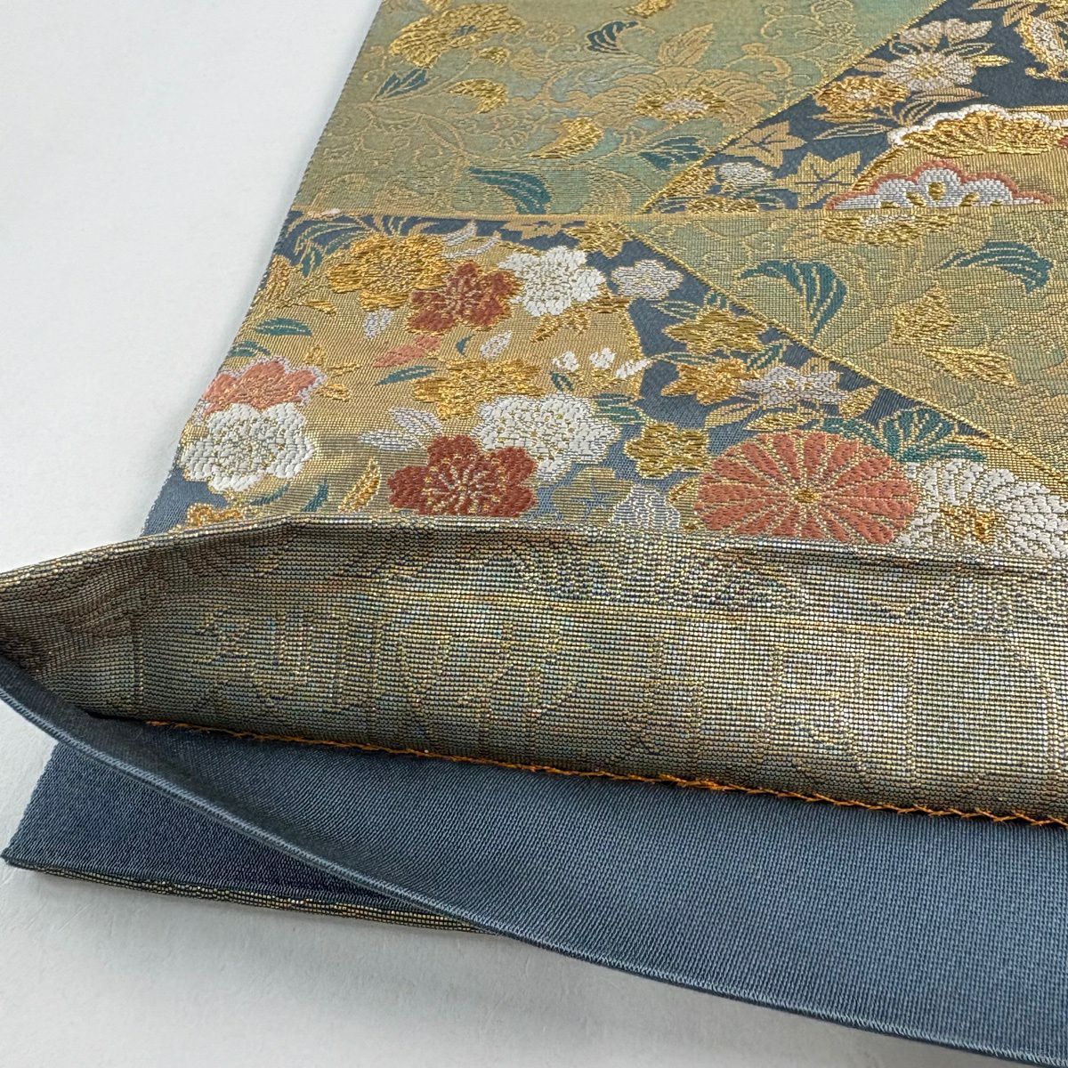 【美品】 袋帶 秀品級 彫金 關西仕立 裂取花丸盡し 金絲 金金箔 青灰 深藍色 六通 純蠶絲