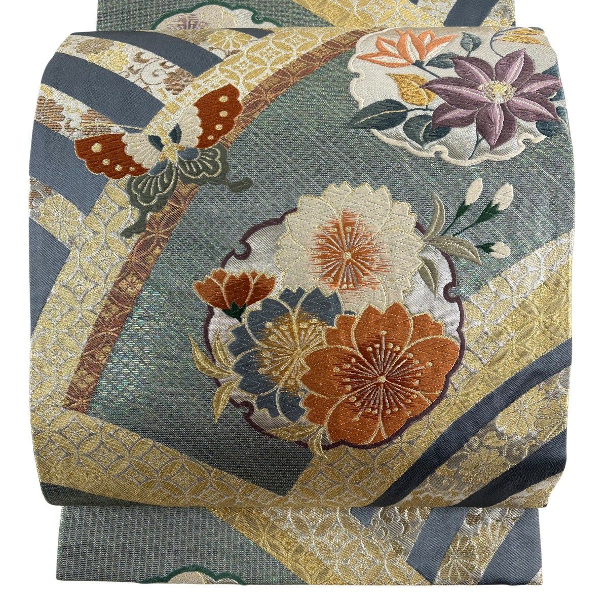 【美品】 袋帶 秀品級 雪輪 櫻花 金絲 金金箔 青灰 六通 純蠶絲