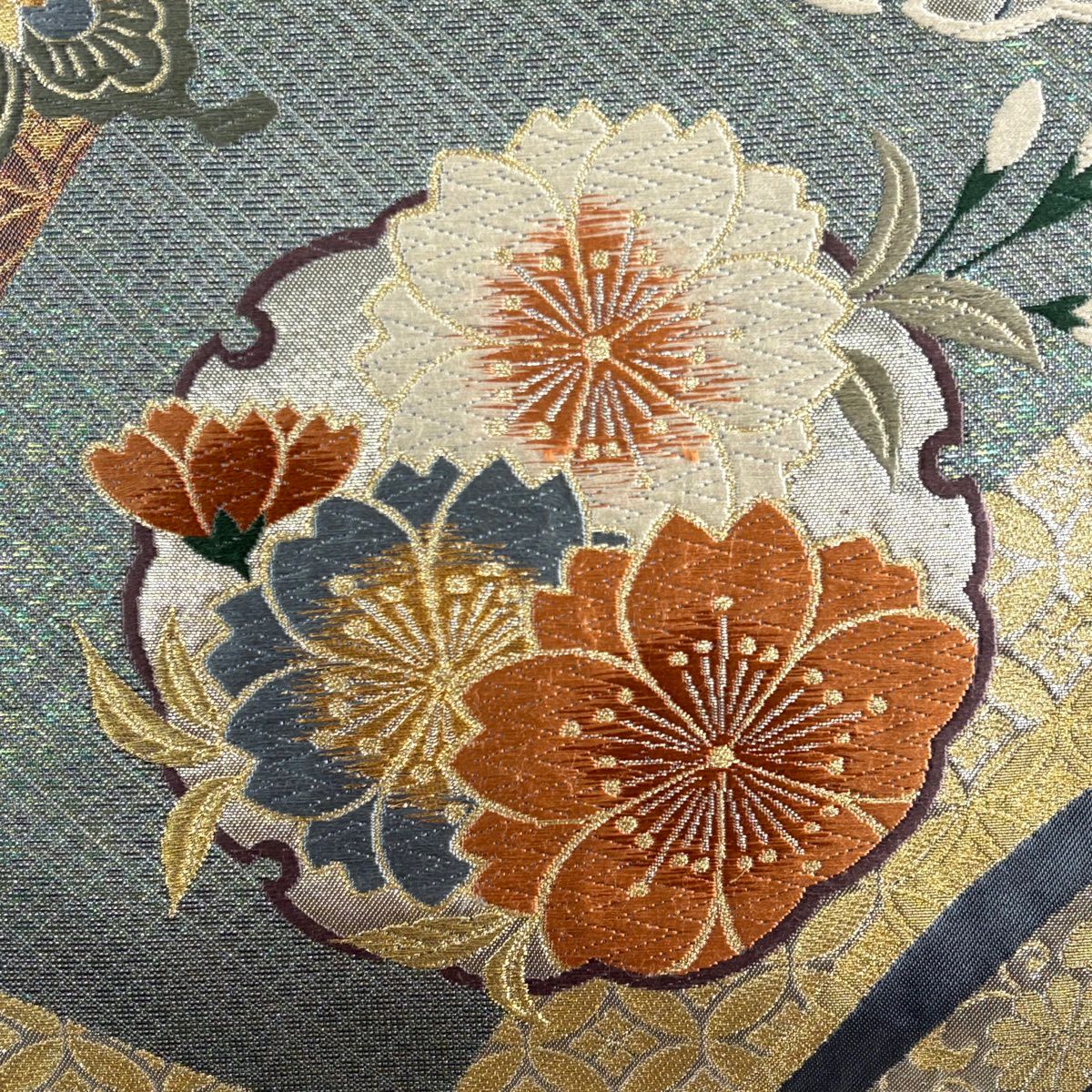 【美品】 袋帶 秀品級 雪輪 櫻花 金絲 金金箔 青灰 六通 純蠶絲