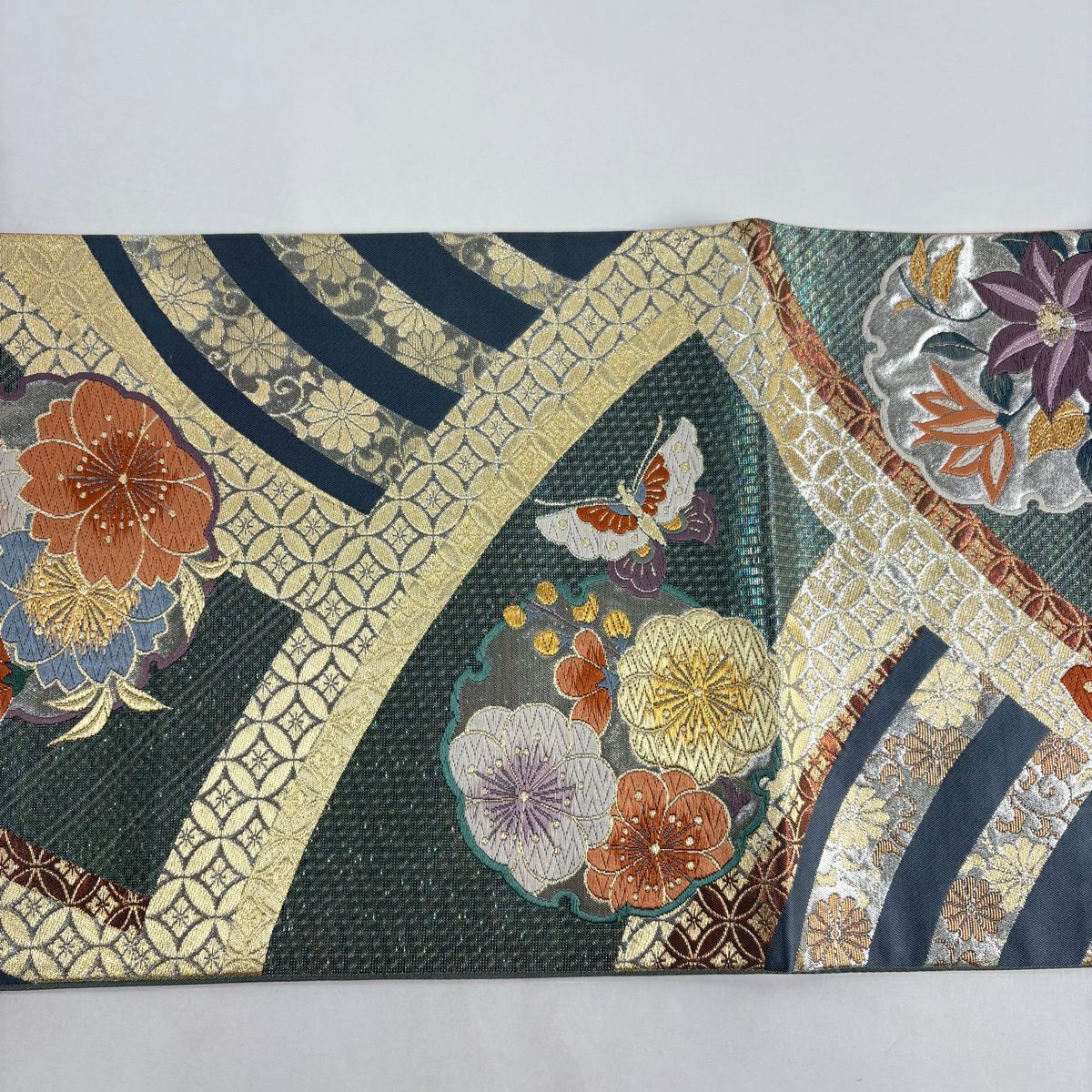 【美品】 袋帶 秀品級 雪輪 櫻花 金絲 金金箔 青灰 六通 純蠶絲