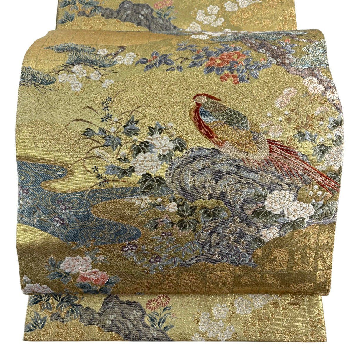 【美品】 袋帶 秀品級 草花紋紋 鳥 金絲 金金箔 金色 六通 純蠶絲