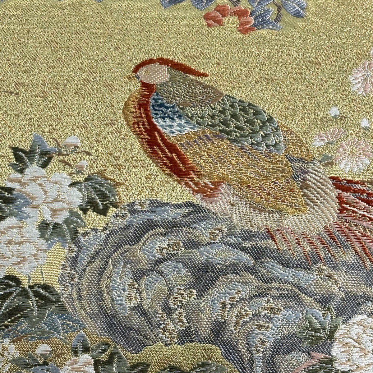【美品】 袋帶 秀品級 草花紋紋 鳥 金絲 金金箔 金色 六通 純蠶絲