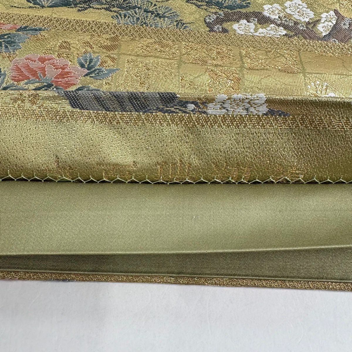 【美品】 袋帶 秀品級 草花紋紋 鳥 金絲 金金箔 金色 六通 純蠶絲