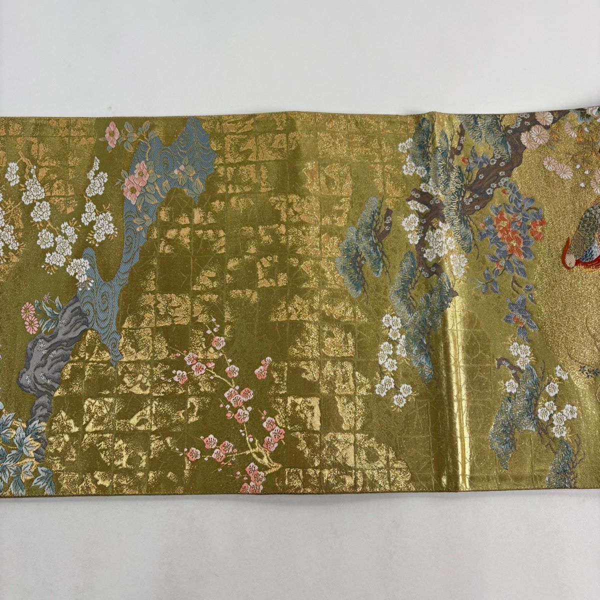 【美品】 袋帶 秀品級 草花紋紋 鳥 金絲 金金箔 金色 六通 純蠶絲