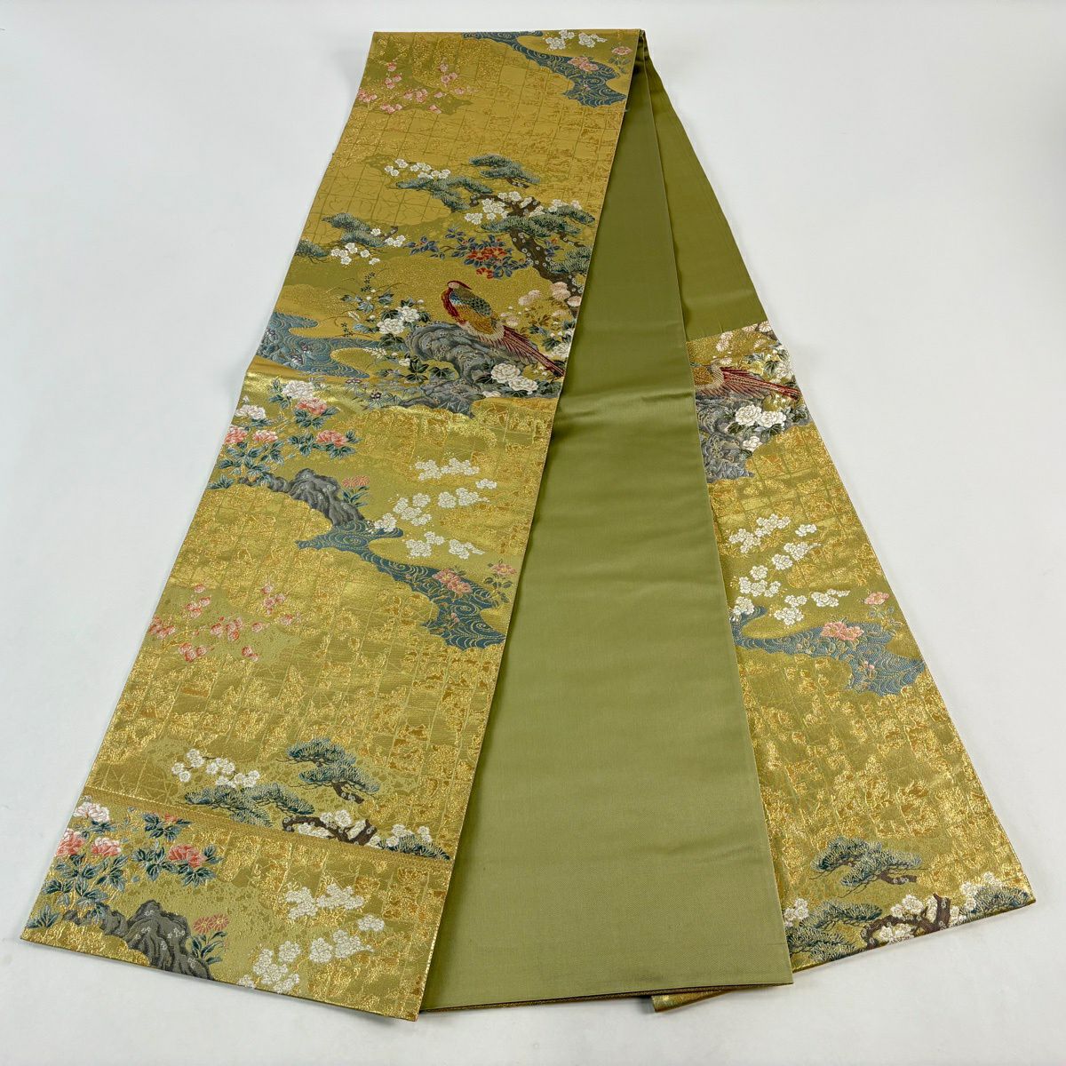 【美品】 袋帶 秀品級 草花紋紋 鳥 金絲 金金箔 金色 六通 純蠶絲