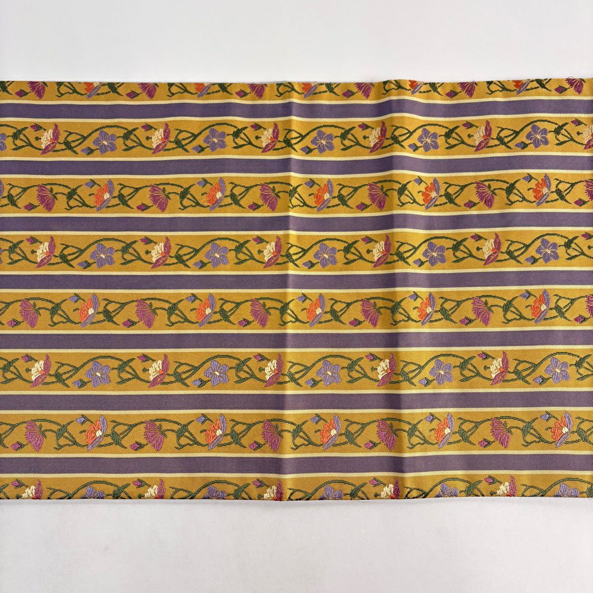 袋帶 秀品級 附有落款 あらいそ 縞 草花紋 黃土 深藍 全通 純蠶絲