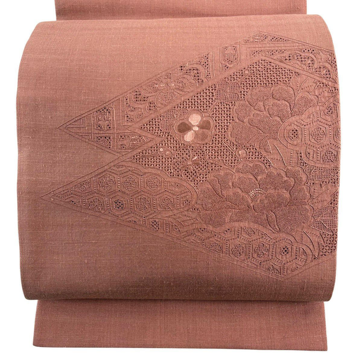 【美品】 袋帶 秀品級 紬織織 牡丹 龜甲 刺繡 粉米色 大鼓圖案 純蠶絲