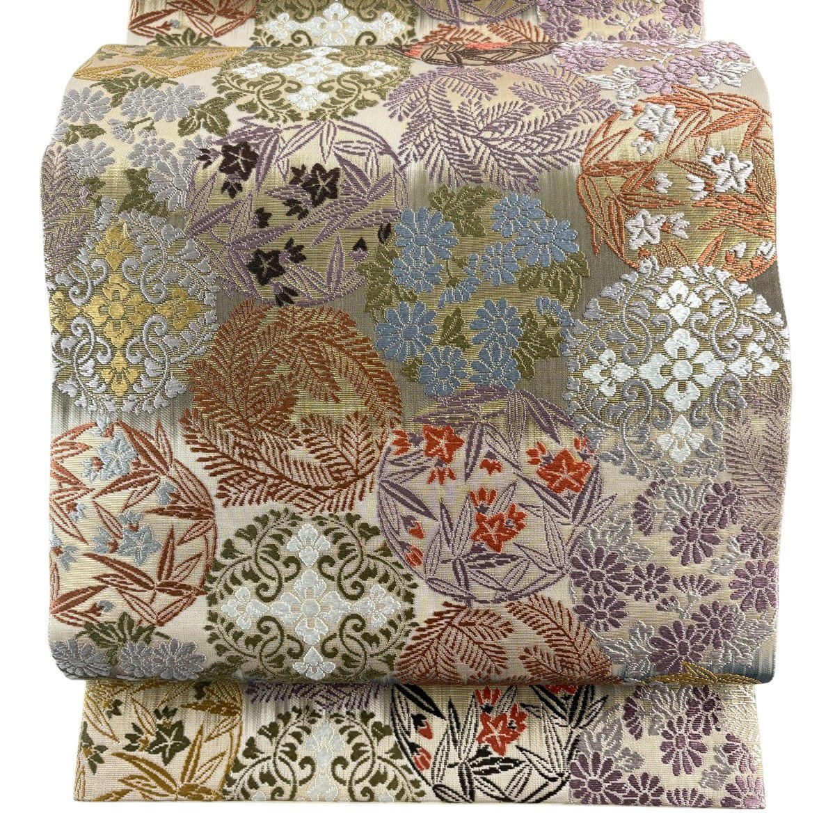 【美品】 袋帶 秀品級 華紋 花丸文 金金箔 米色 六通 純蠶絲