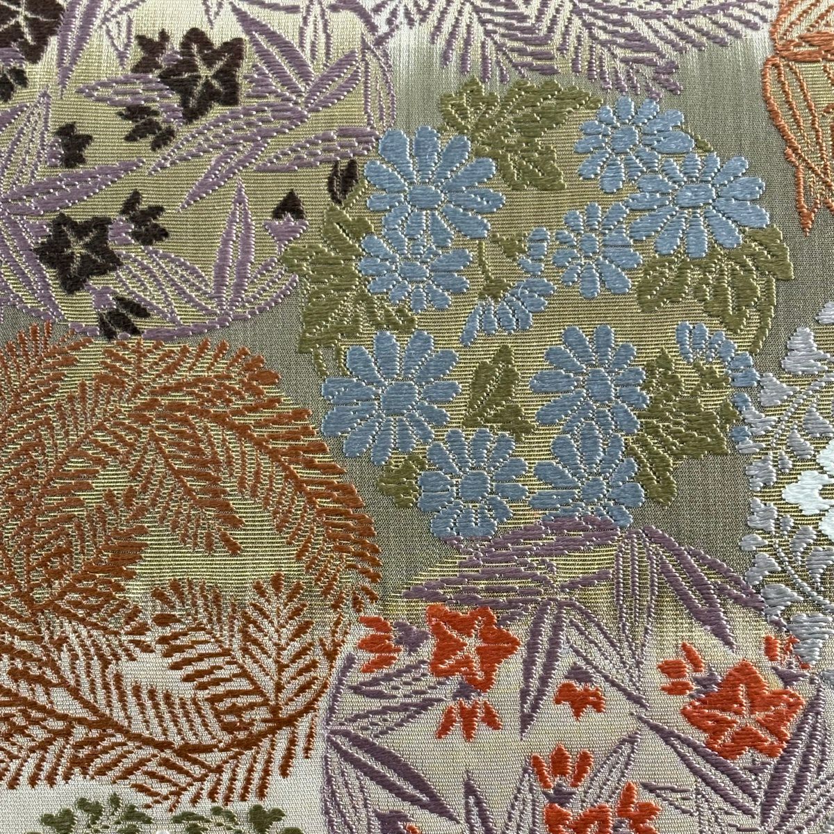【美品】 袋帶 秀品級 華紋 花丸文 金金箔 米色 六通 純蠶絲