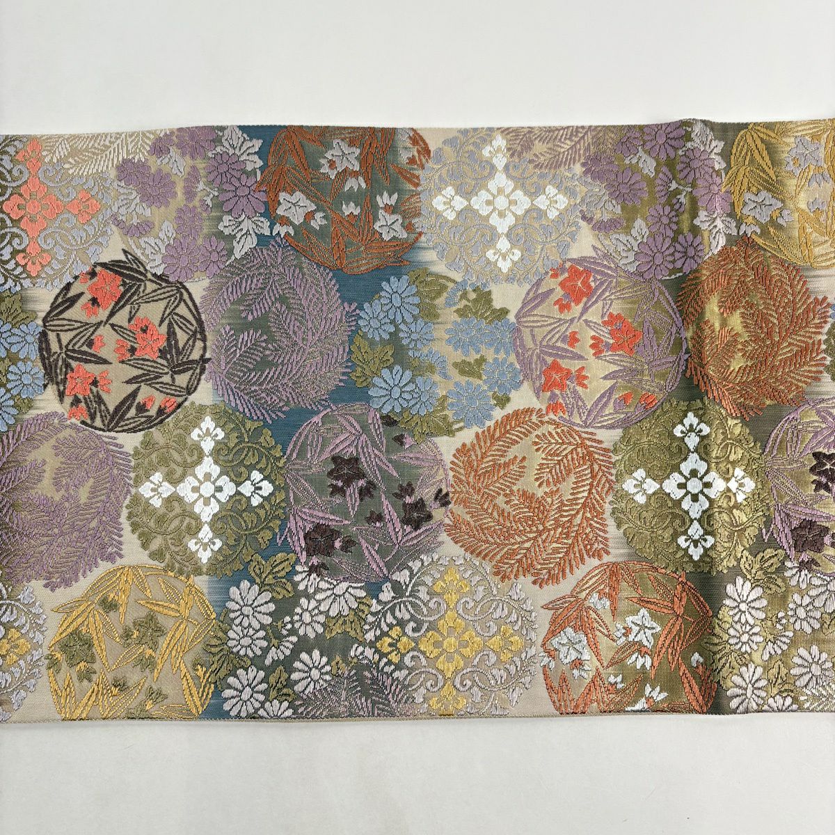 【美品】 袋帶 秀品級 華紋 花丸文 金金箔 米色 六通 純蠶絲