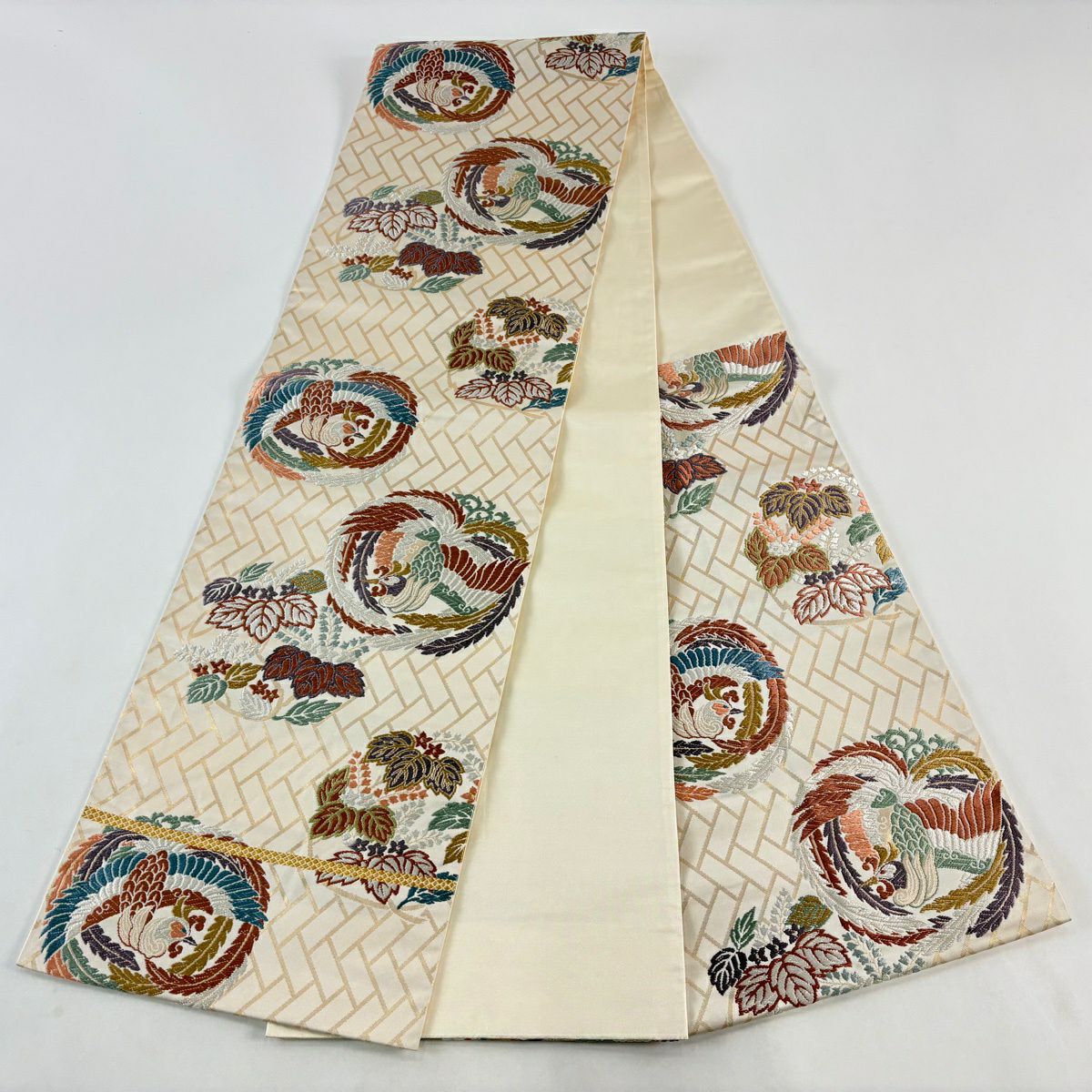袋帶 秀品級 能衣唐錦 鳳凰 桐 金金箔 米色 六通 純蠶絲