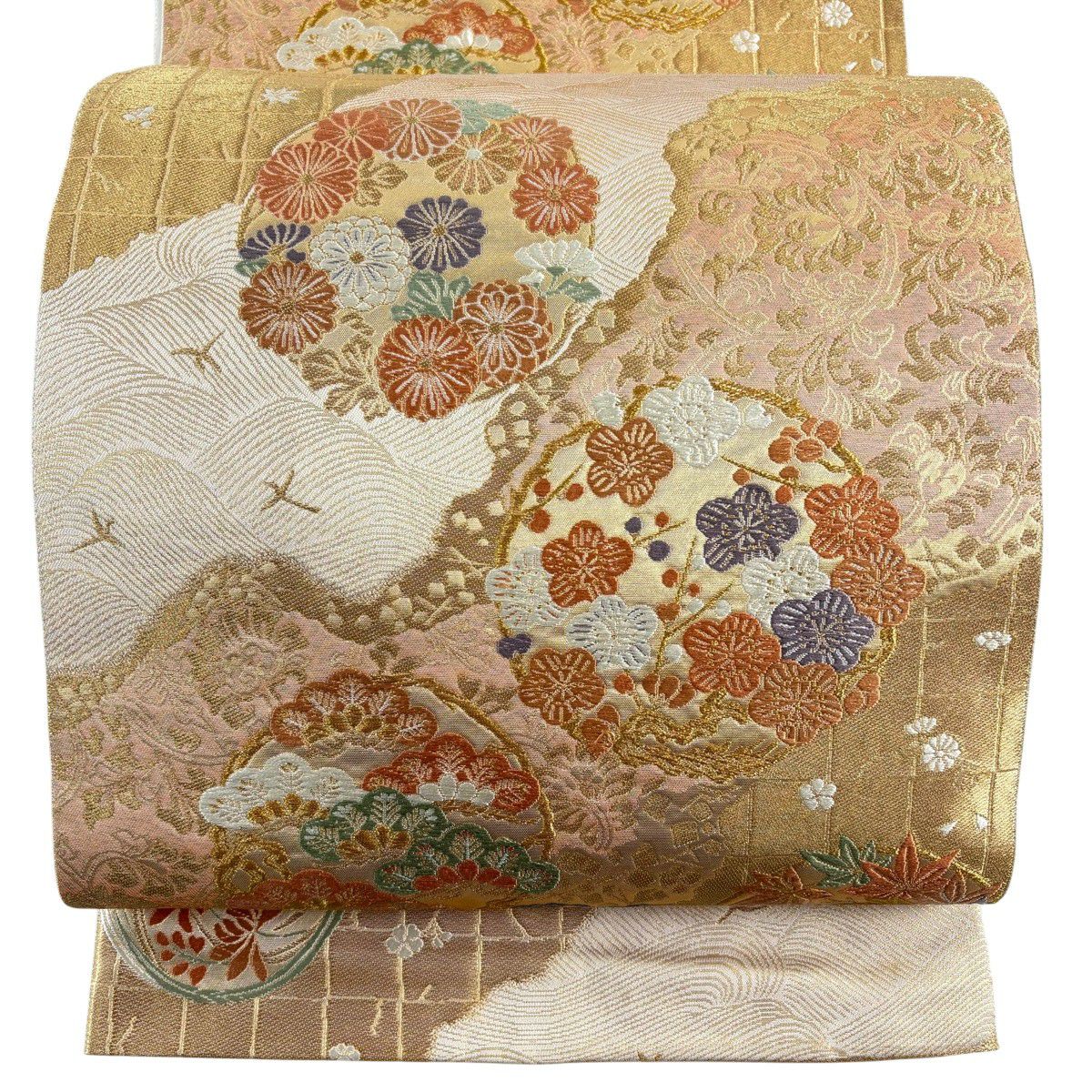 袋帶 秀品級 服部織物 落款 花丸紋 道長取 金絲 金金箔 米色 六通 純蠶絲