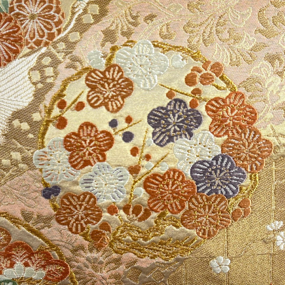 袋帶 秀品級 服部織物 落款 花丸紋 道長取 金絲 金金箔 米色 六通 純蠶絲