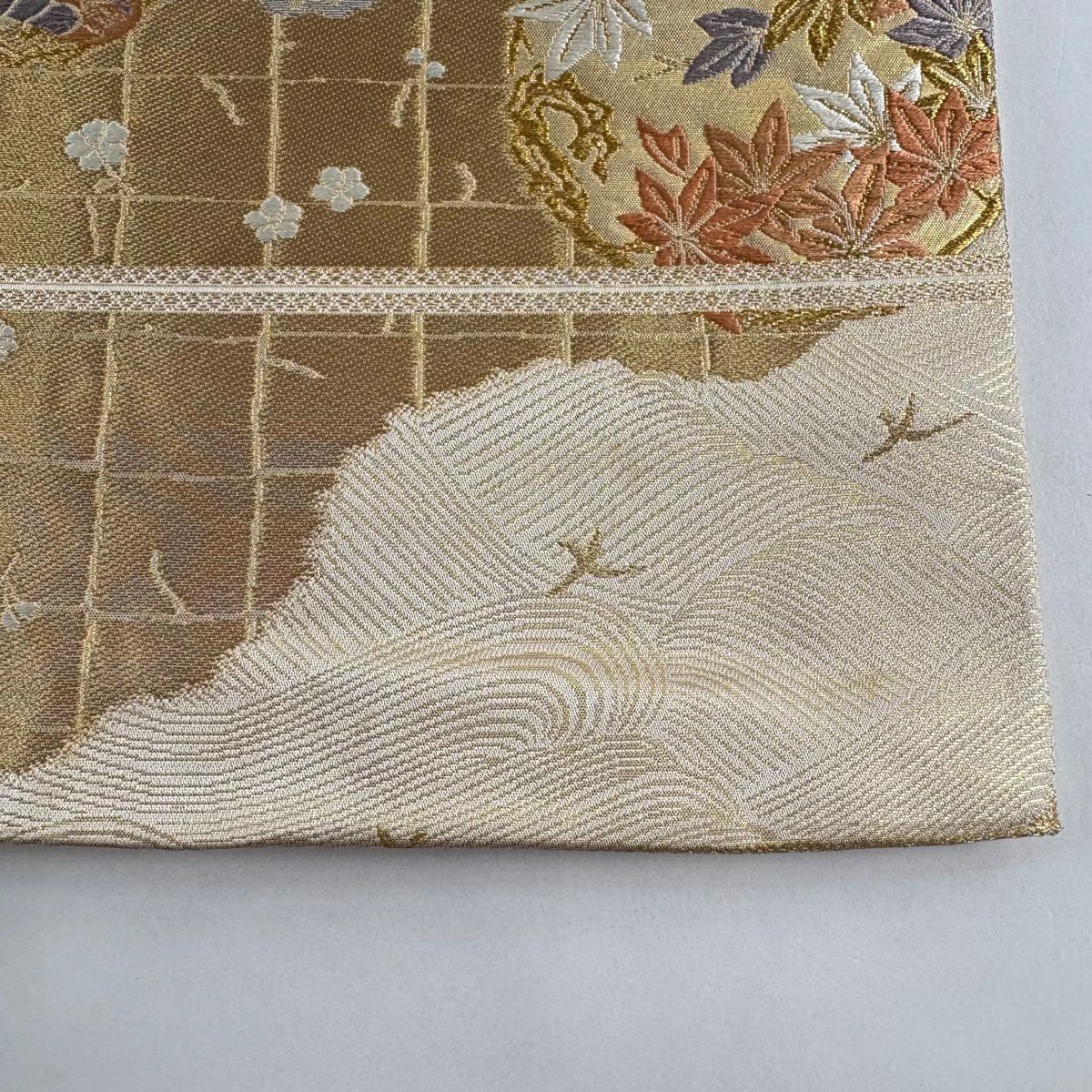 袋帶 秀品級 服部織物 落款 花丸紋 道長取 金絲 金金箔 米色 六通 純蠶絲