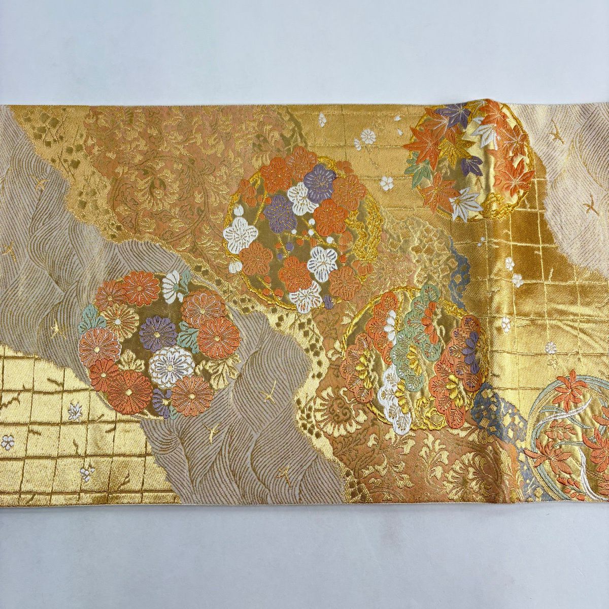 袋帶 秀品級 服部織物 落款 花丸紋 道長取 金絲 金金箔 米色 六通 純蠶絲
