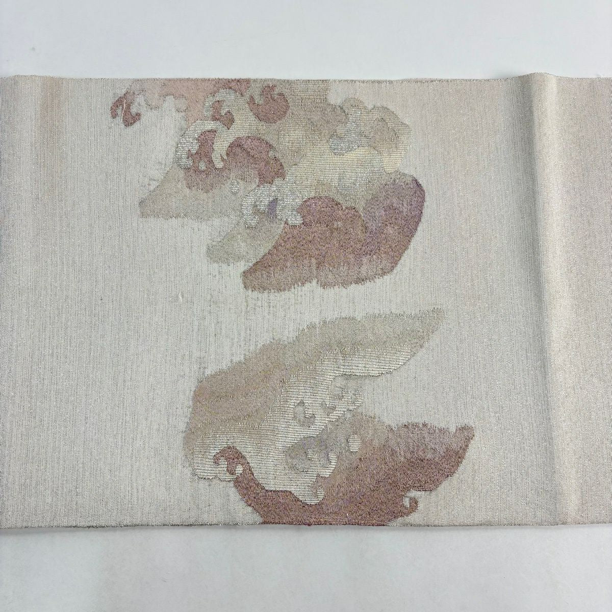 【美品】 袋帶 秀品級 波頭 霞 金銀糸 銀通 灰白 大鼓圖案 純蠶絲