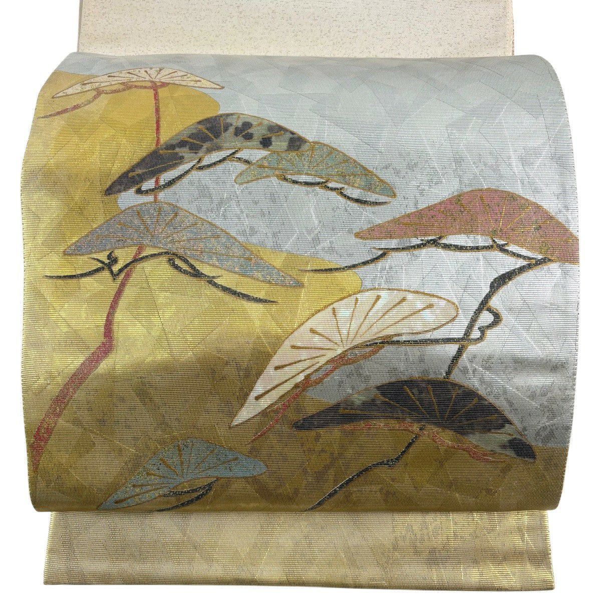 【美品】 袋帶 秀品級 笠松樹 金金箔 金銀彩 太鼓圖案 純蠶絲