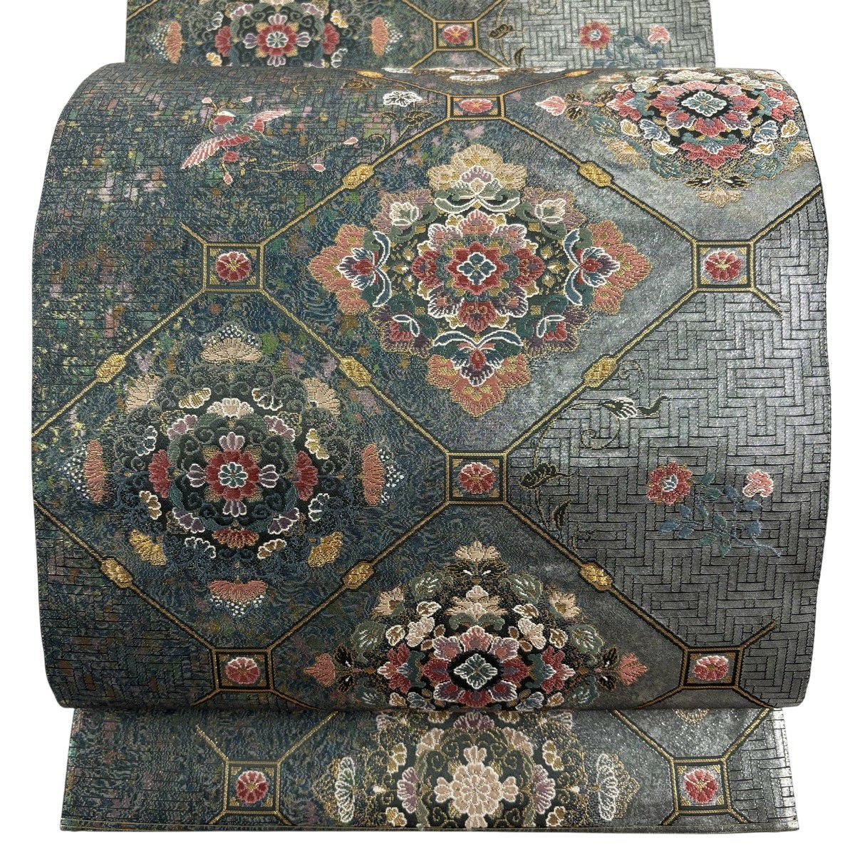【美品】 袋帶 秀品級 關西仕立 紅甲更紗華紋 金金箔 深綠 六通 純蠶絲