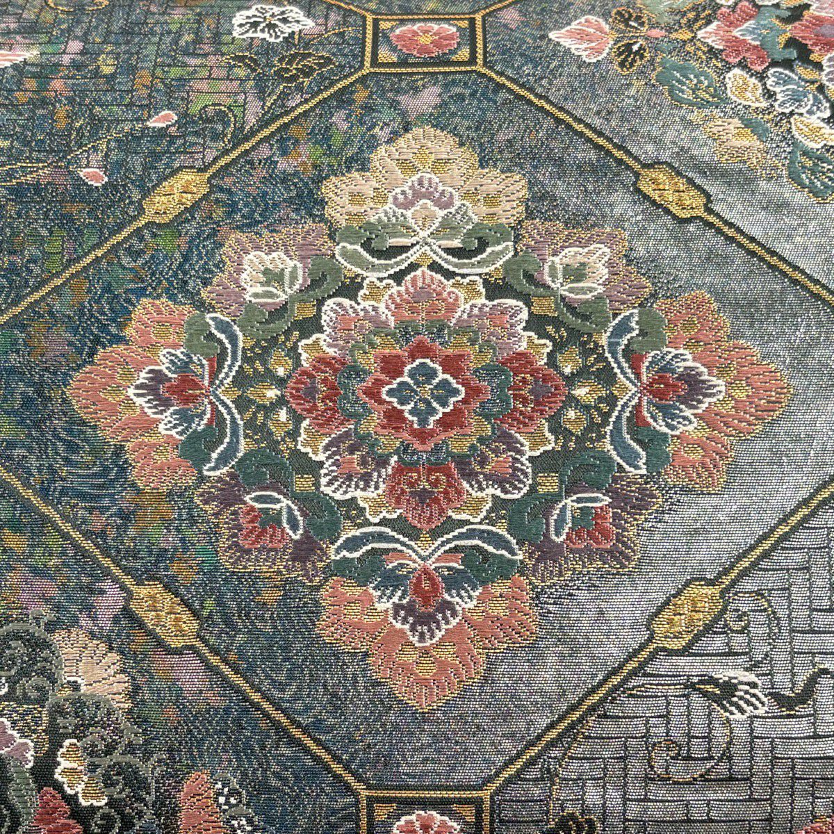 【美品】 袋帶 秀品級 關西仕立 紅甲更紗華紋 金金箔 深綠 六通 純蠶絲